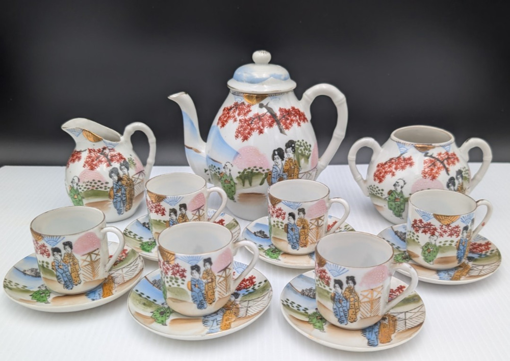 Vintage Geisha Lithophane Demitasse Cups & Saucers Coffee Set for 6 Japan